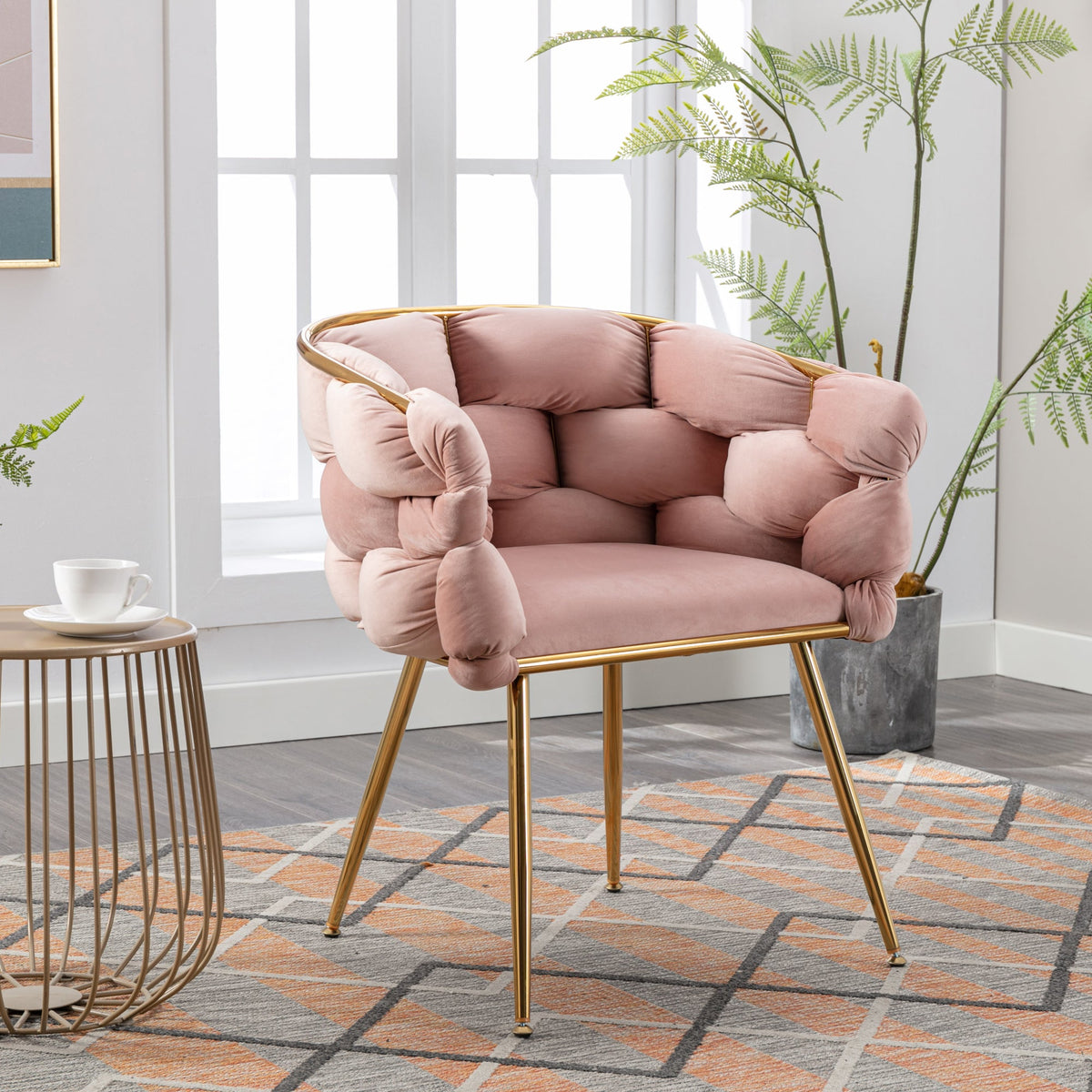 Pink Velvet Tufted Accent Chair with Gold Legs Set