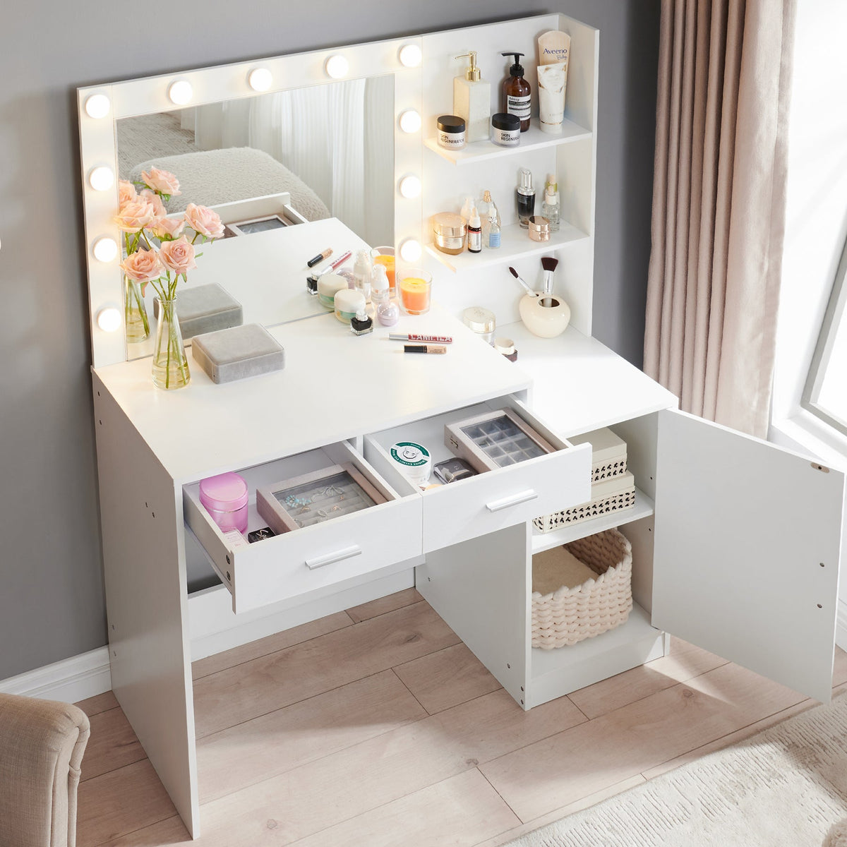 Makeup Vanity Desk with Lighted Mirror and Storage
