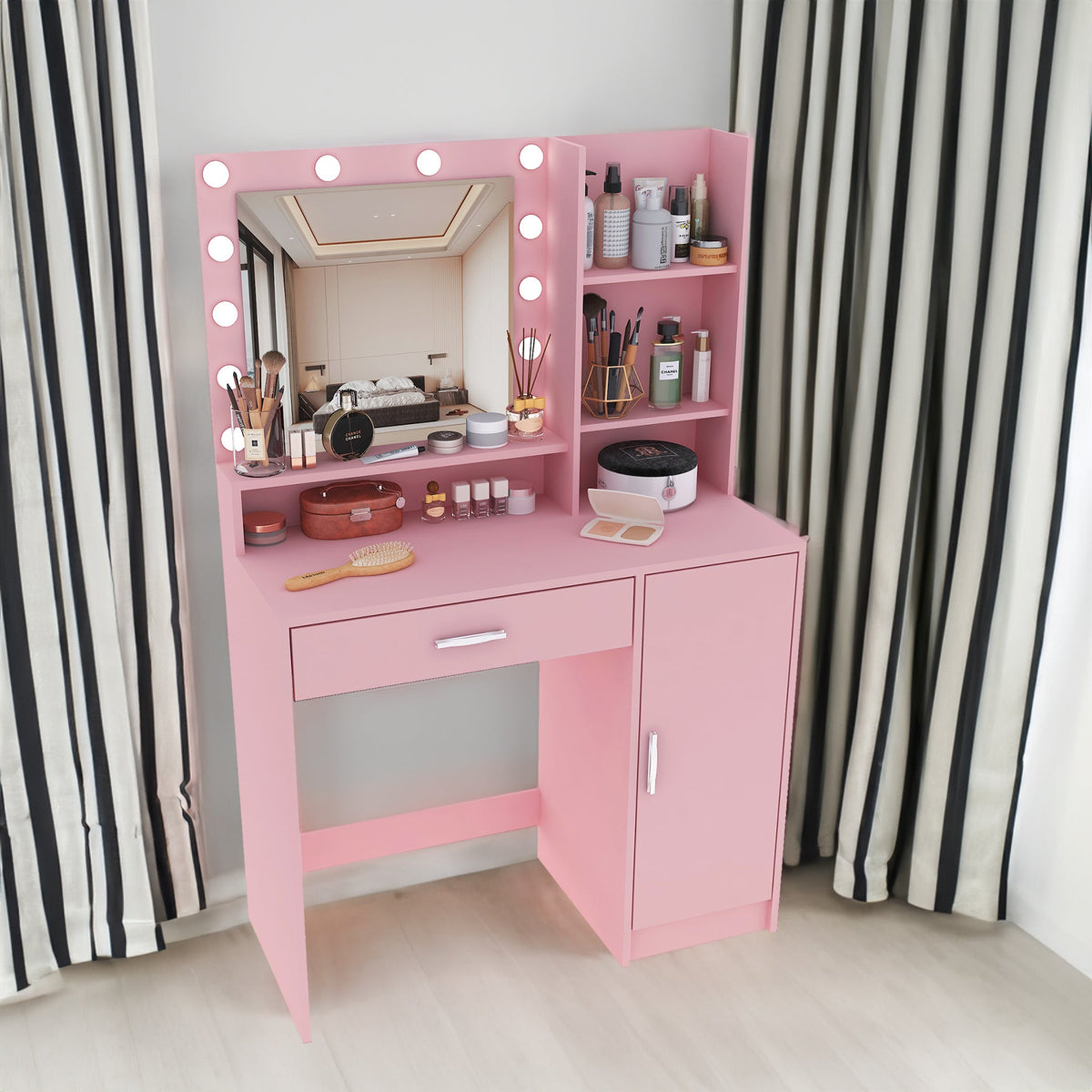 Pink Makeup Vanity Desk with Lighted Mirror & Storage