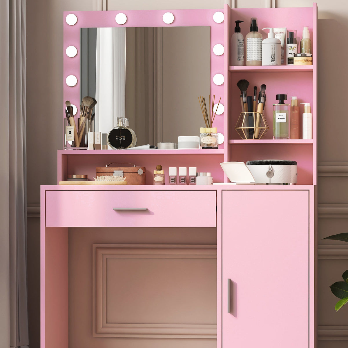 Pink Makeup Vanity Desk with Lighted Mirror & Storage