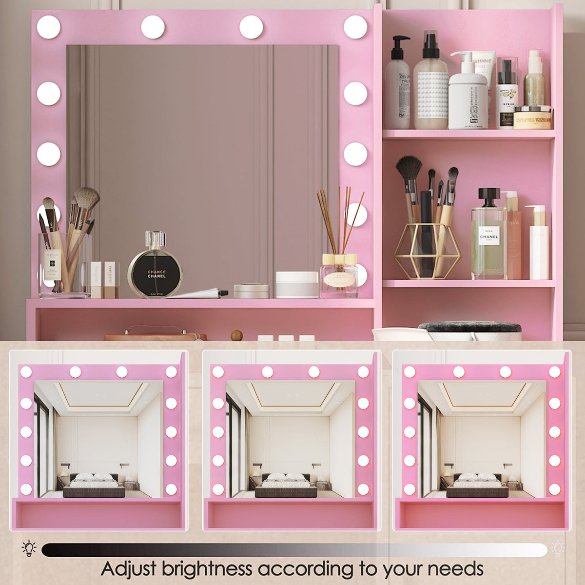 Pink Makeup Vanity Desk with Lighted Mirror & Storage
