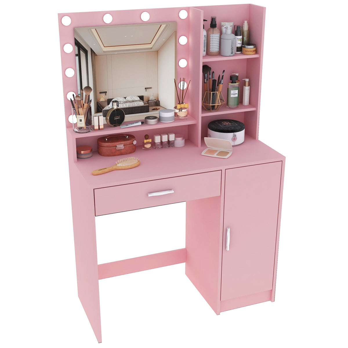 Pink Makeup Vanity Desk with Lighted Mirror & Storage