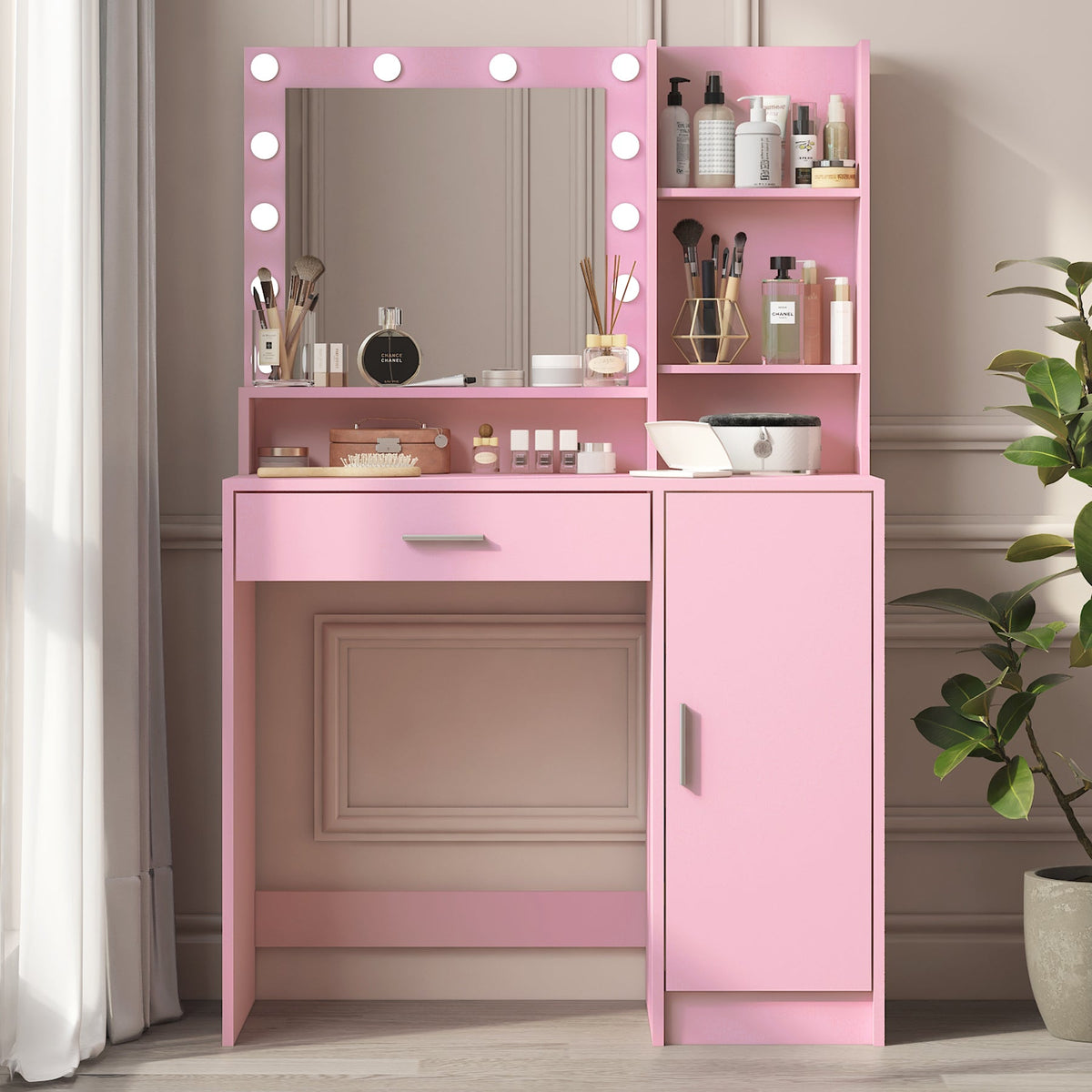 Pink Makeup Vanity Desk with Lighted Mirror & Storage