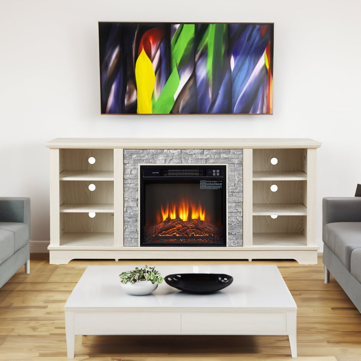White Oak Electric Fireplace TV Stand with Open Storage