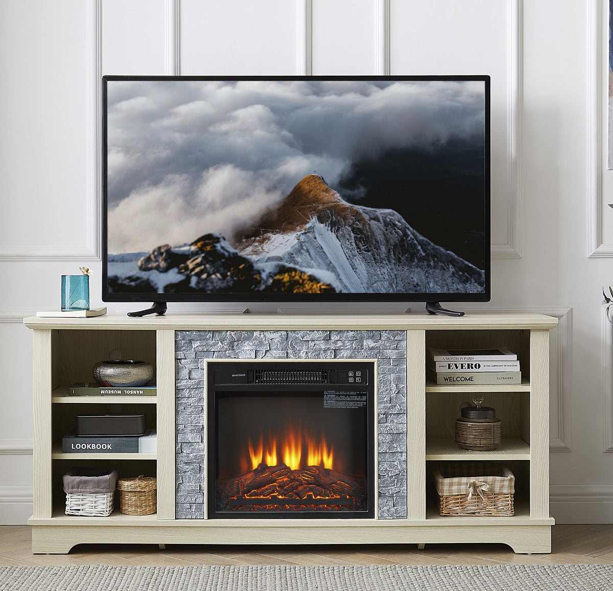 White Oak Electric Fireplace TV Stand with Open Storage