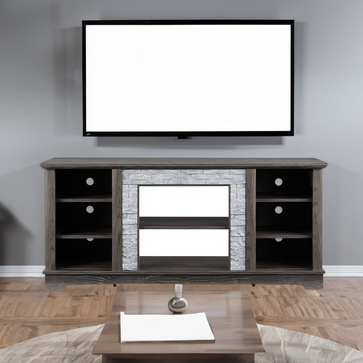 Modern Gray TV Console with Stacked Stone & Open Storage
