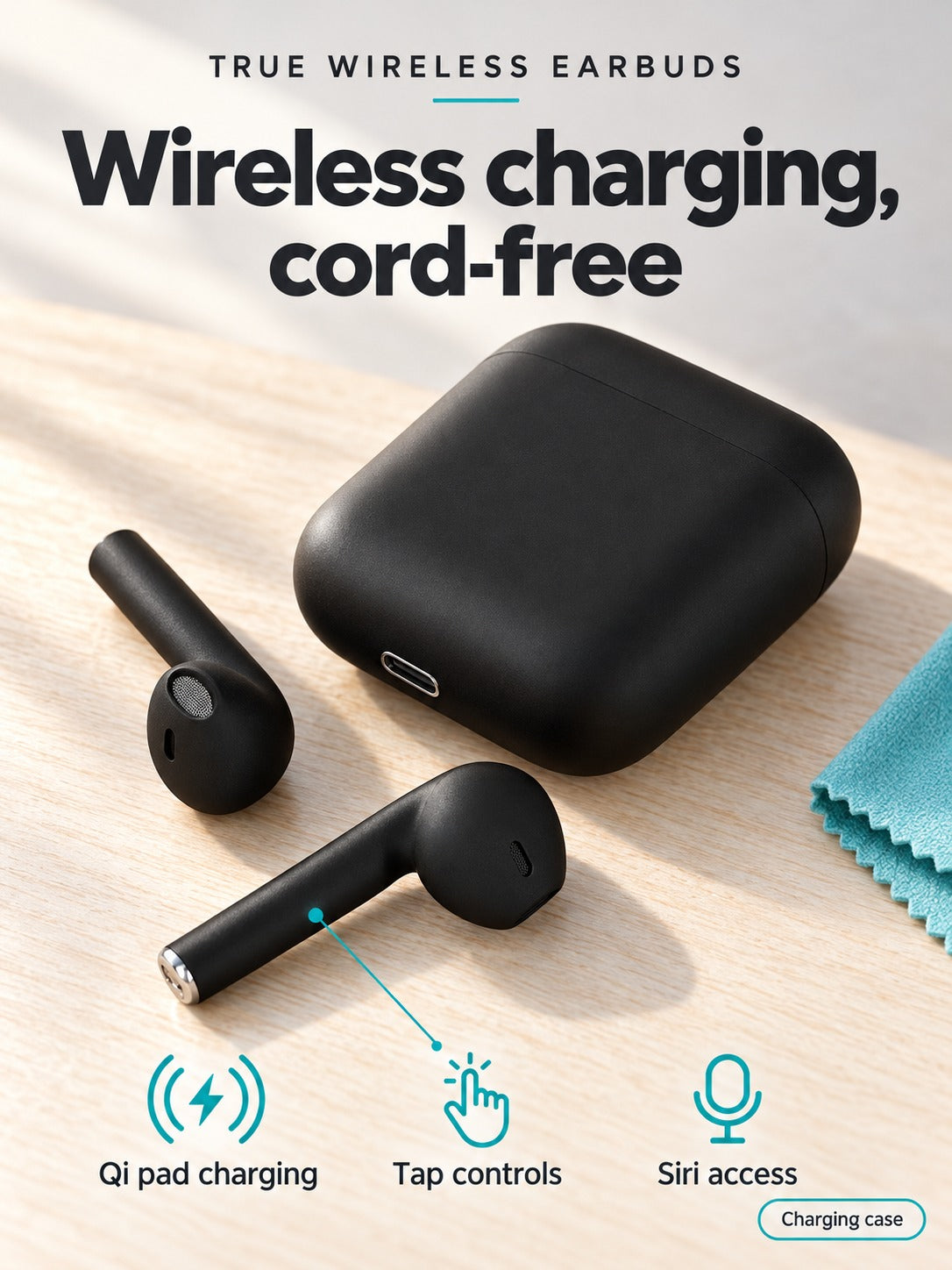 Matte Black True Wireless Earbuds with Qi Charging