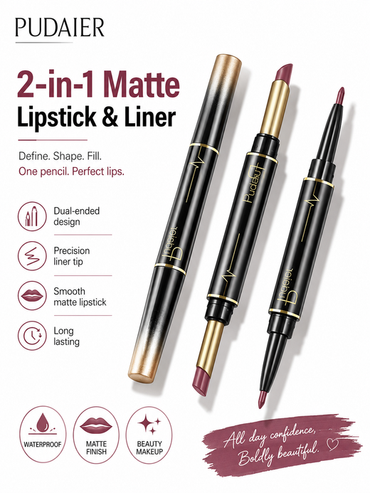Dual-Ended Matte Lipstick & Lip Liner Pencil — Waterproof