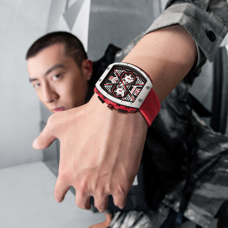 Men's Tonneau Quartz Watch, Three Subdials, Silicone Strap