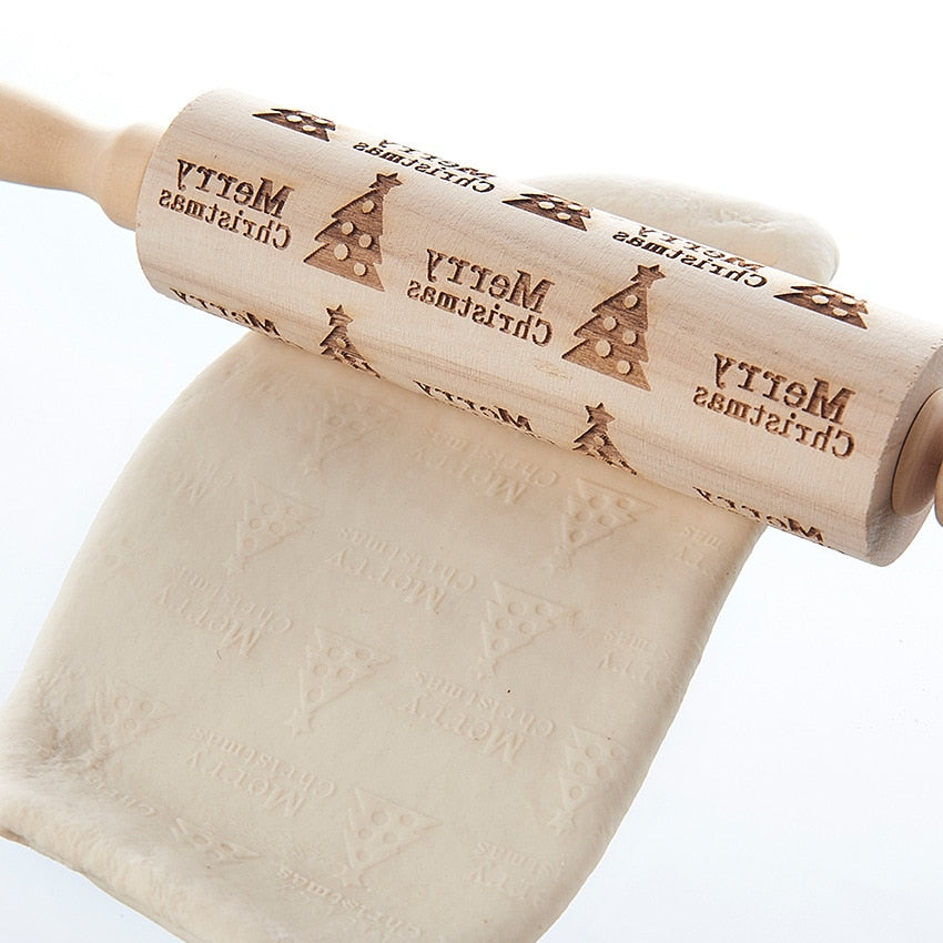 Wooden Christmas Rolling Pin for Embossed Cookie Dough
