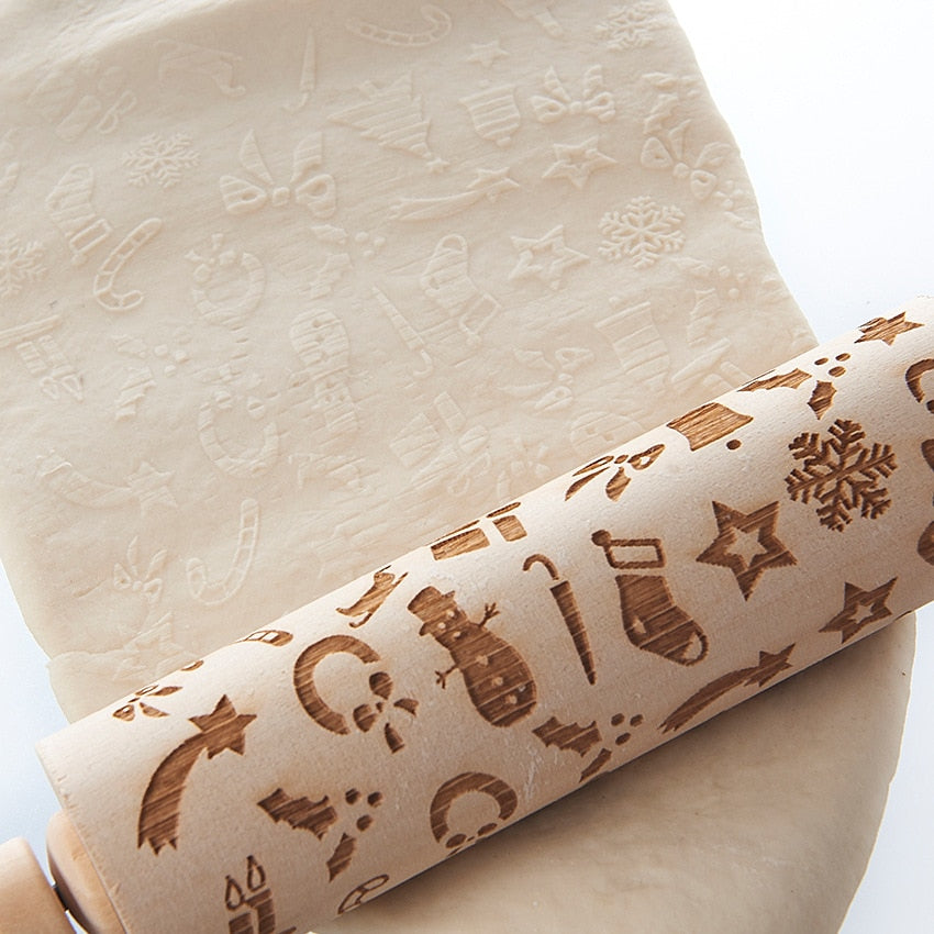 Wooden Christmas Rolling Pin for Embossed Cookie Dough