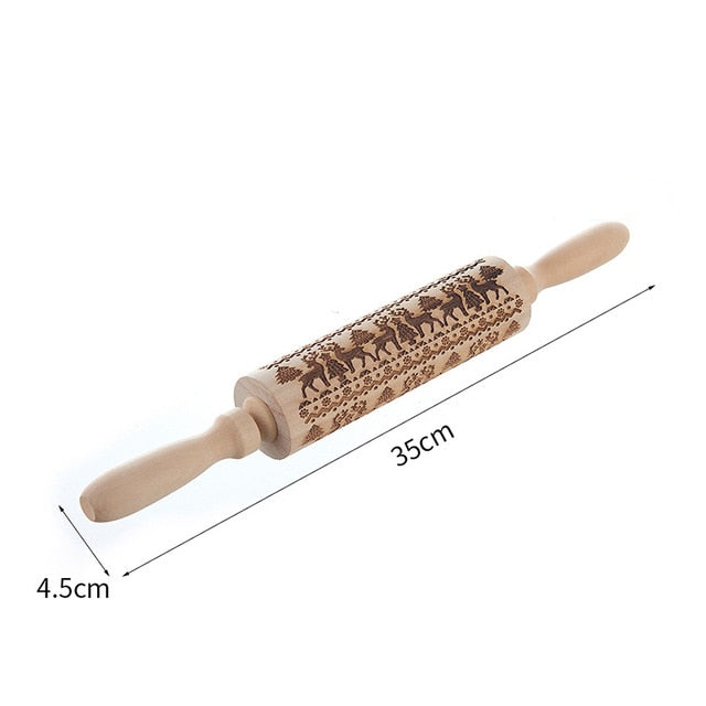Wooden Christmas Rolling Pin for Embossed Cookie Dough