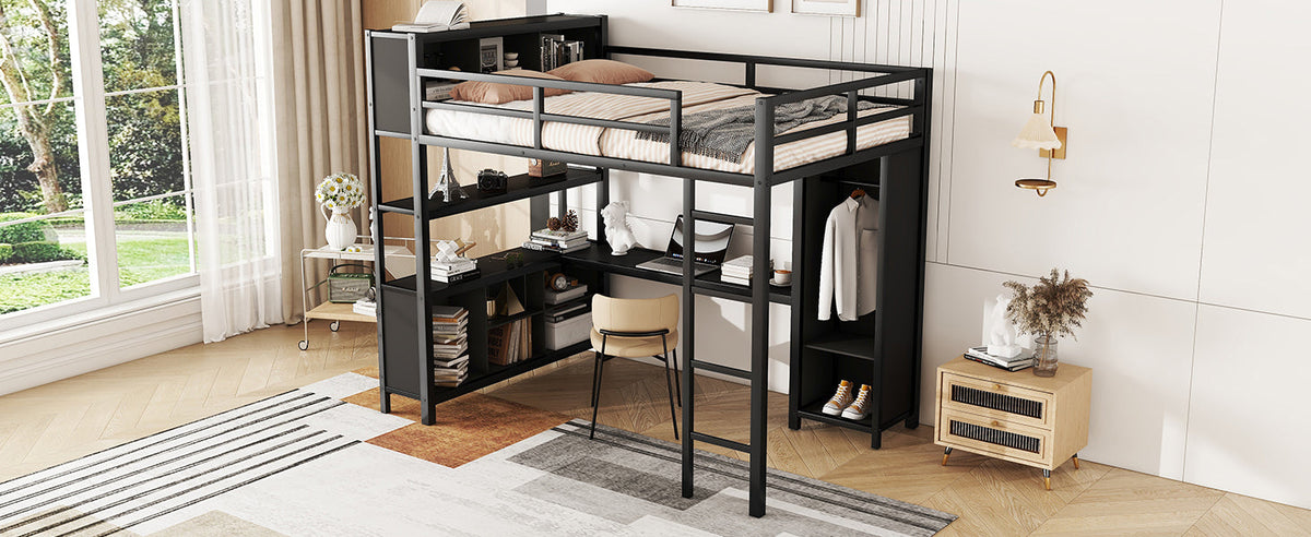 Full-Size Metal Loft Bed with Desk, Wardrobe & Storage