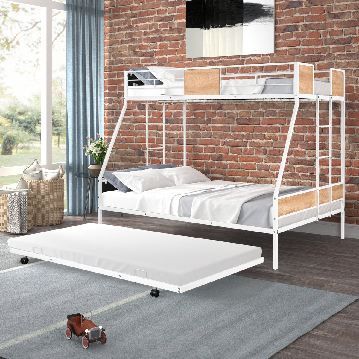 Twin Over Full Metal Bunk Bed with Trundle for Kids