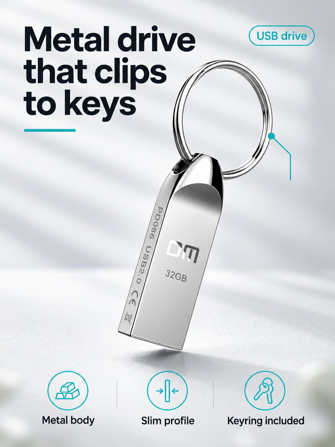 Metal USB Flash Drive 8–32GB, Waterproof Keychain Pen Drive