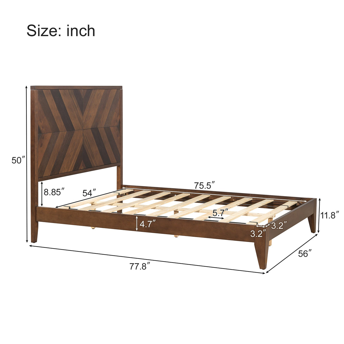 Walnut Mid-Century Platform Bed Frame, Full Size