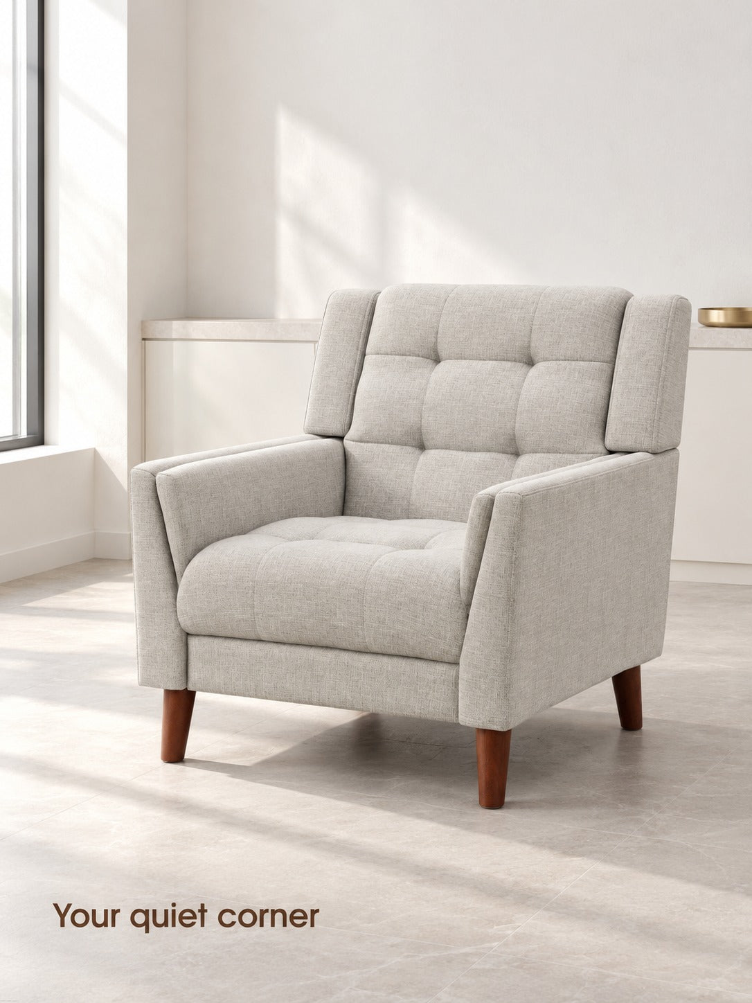 Mid-Century Tufted Armchair in Grey Linen Look