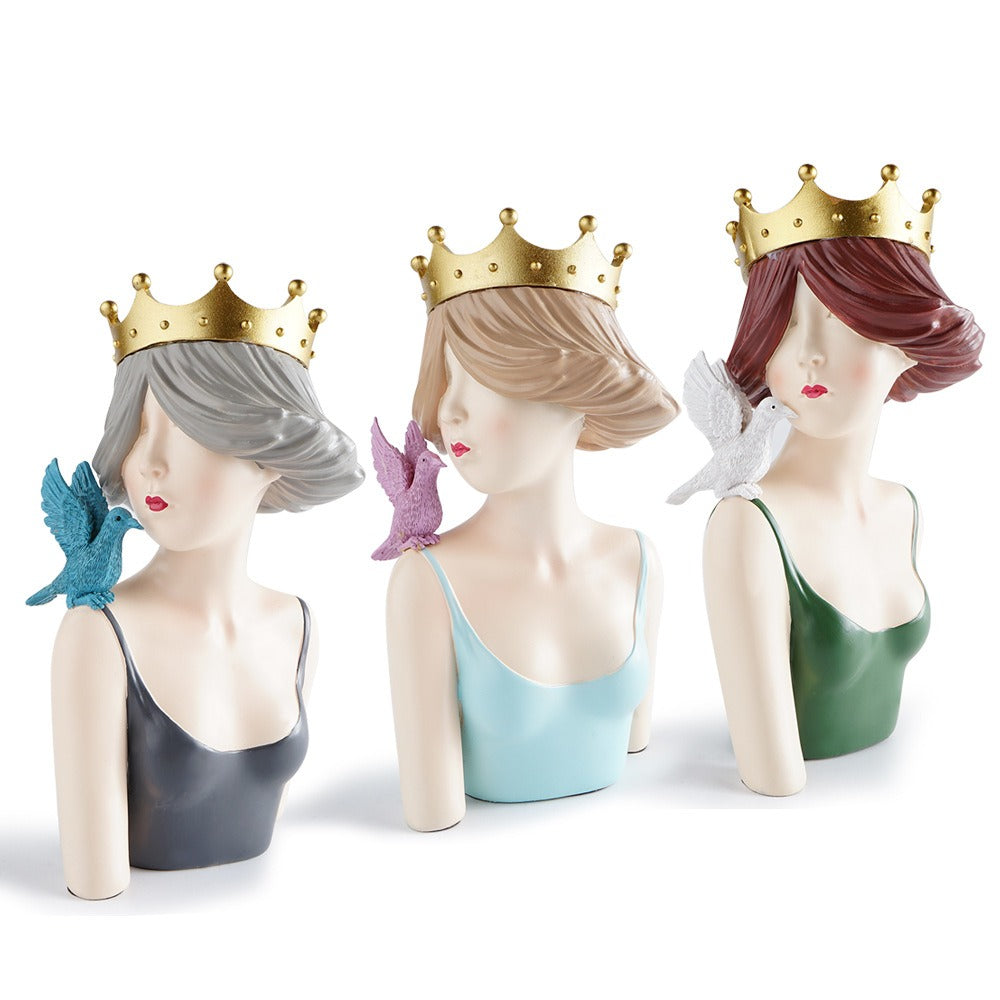 Crowned Girl Sculpture for Elegant Shelf Decor Accents