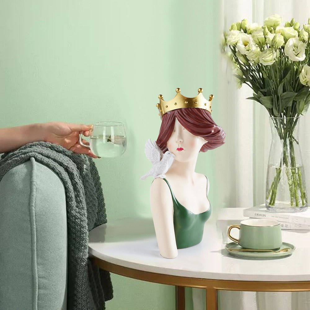 Crowned Girl Sculpture for Elegant Shelf Decor Accents
