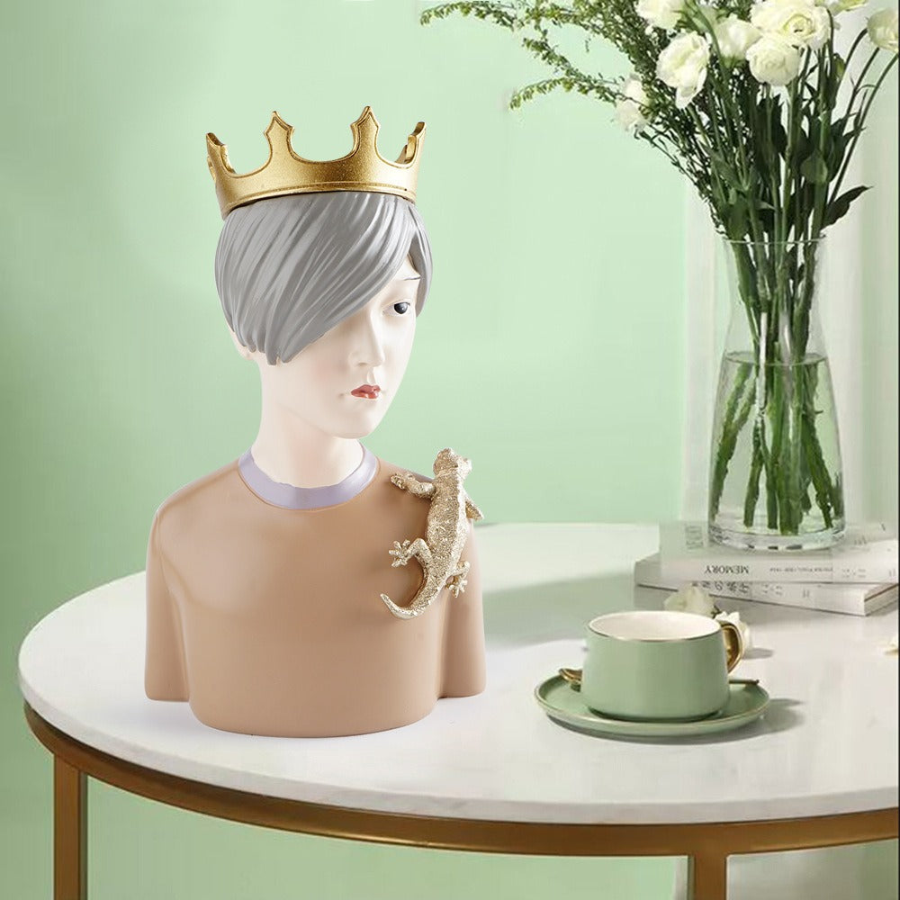 Crowned Boy Resin Bust Sculpture for Shelf Decor
