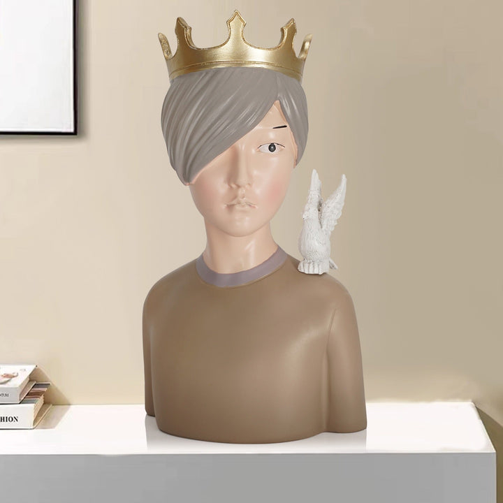 Crowned Boy Bust Ornament for Whimsical Shelf Decor