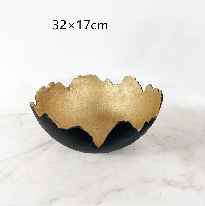 Decorative Fruit Bowl Tray, Matte Black & Gold Alloy