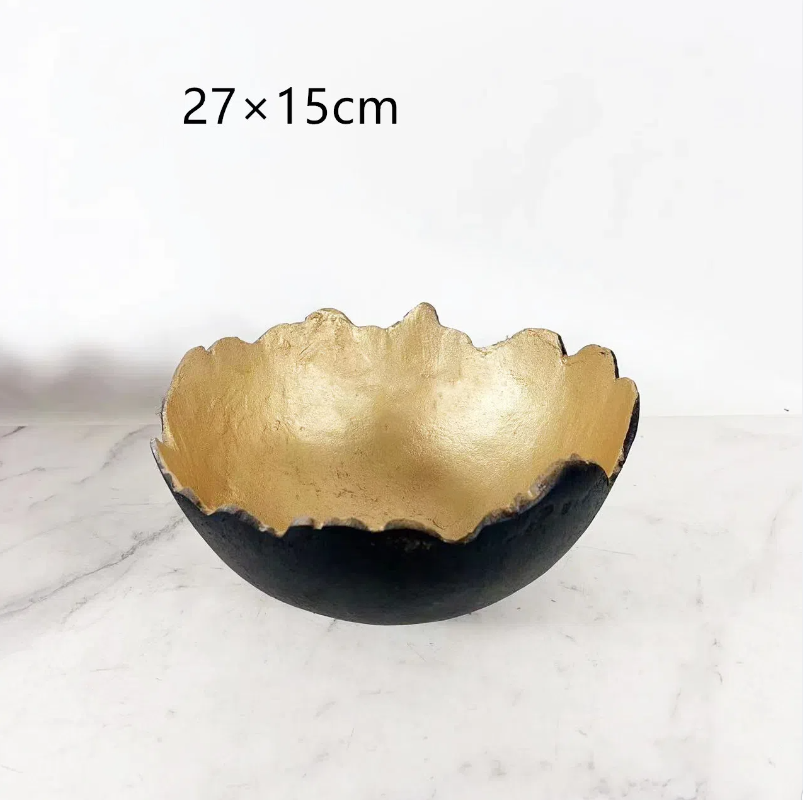 Decorative Fruit Bowl Tray, Matte Black & Gold Alloy