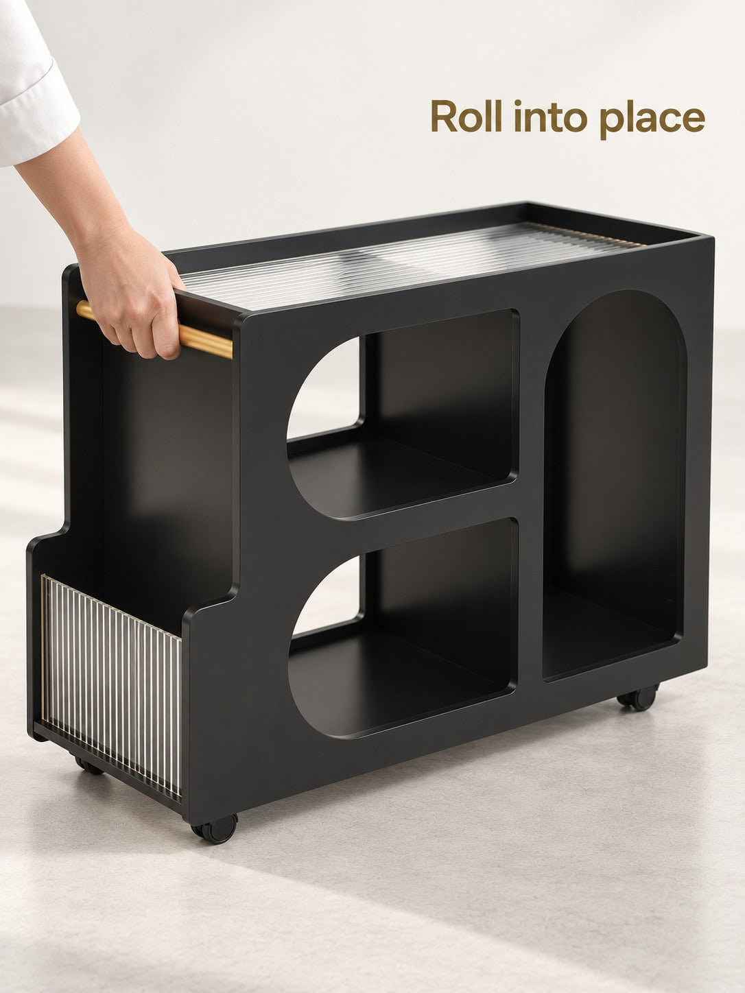 Mobile Side Table with Fluted Glass Top & Lockable Wheels