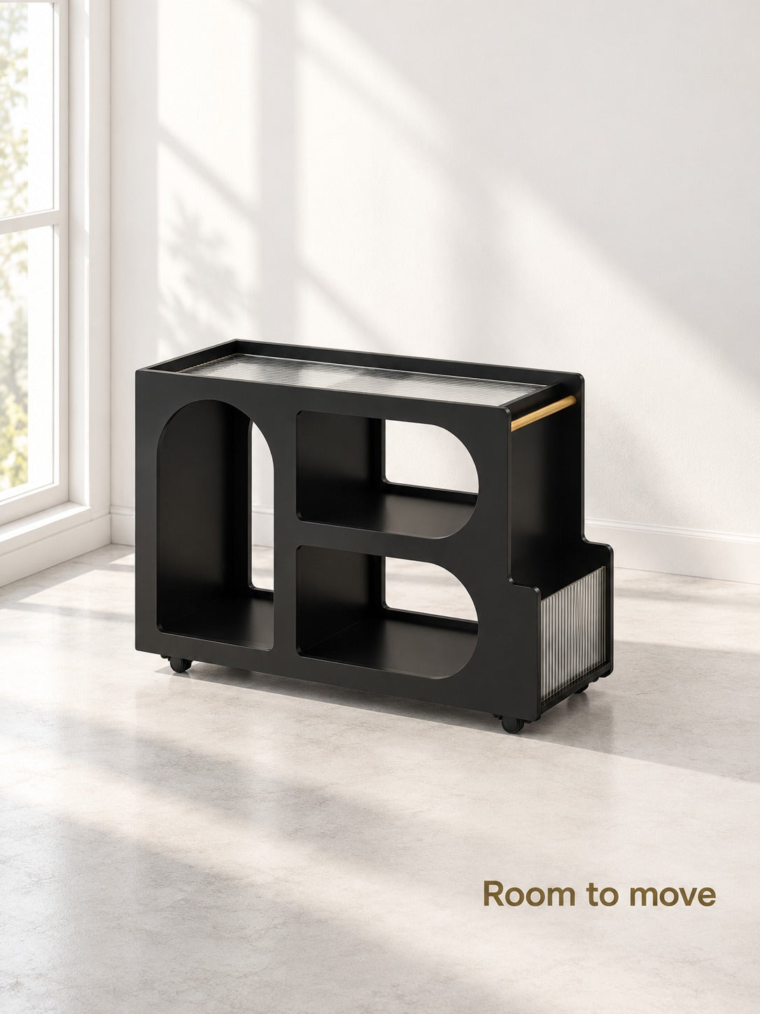 Mobile Side Table with Fluted Glass Top & Lockable Wheels