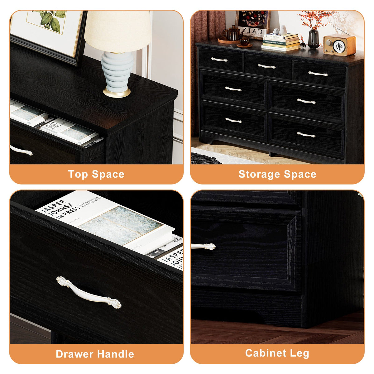 7 Drawer Black Dresser for Bedroom with Clothes Storage