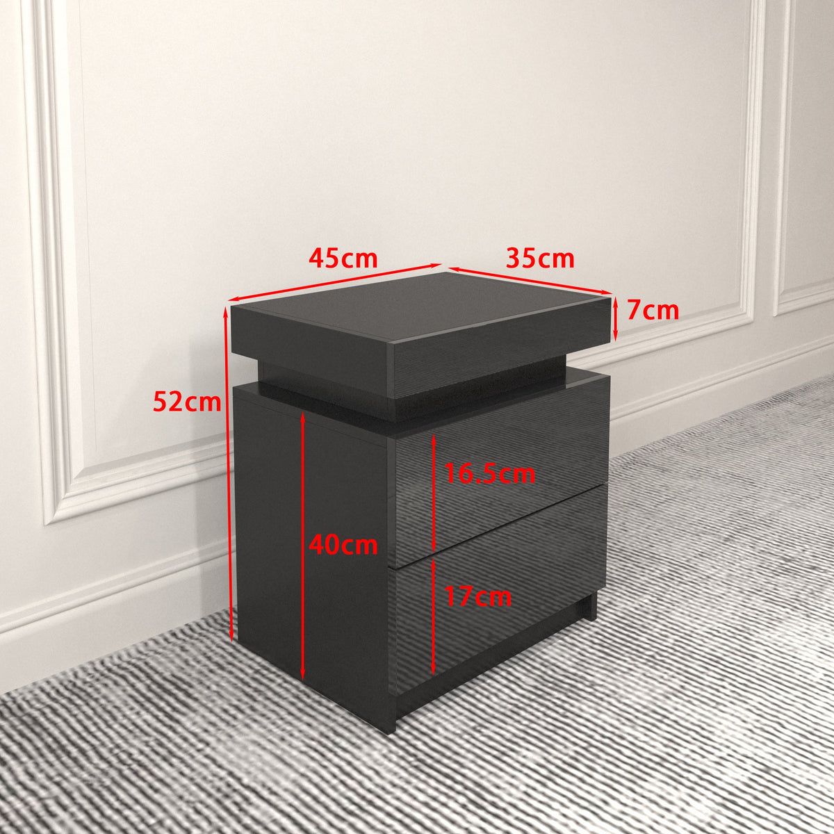 Modern Black LED Nightstand with 2 Drawers and Light