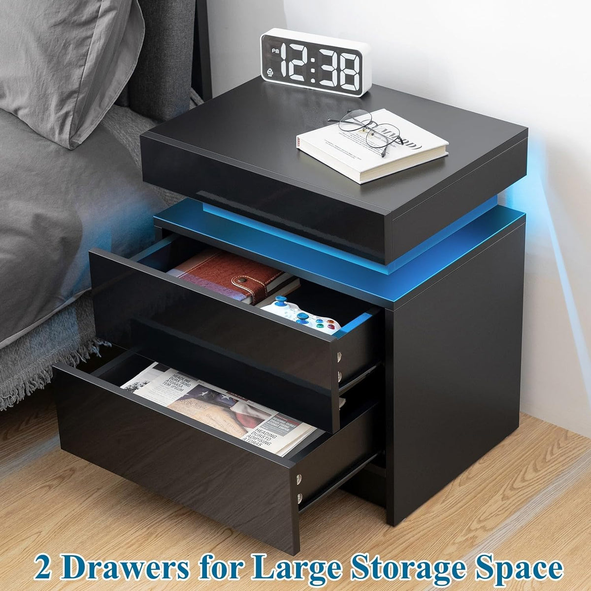 Modern Black LED Nightstand with 2 Drawers and Light