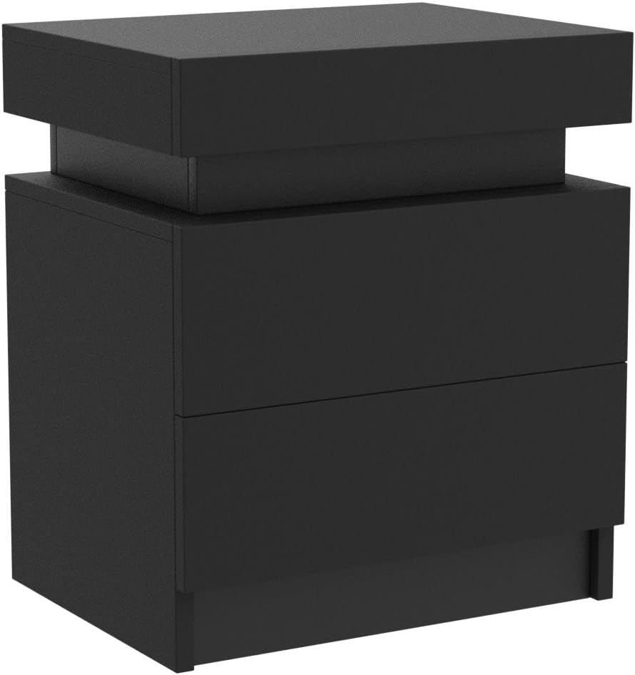 Modern Black LED Nightstand with 2 Drawers and Light
