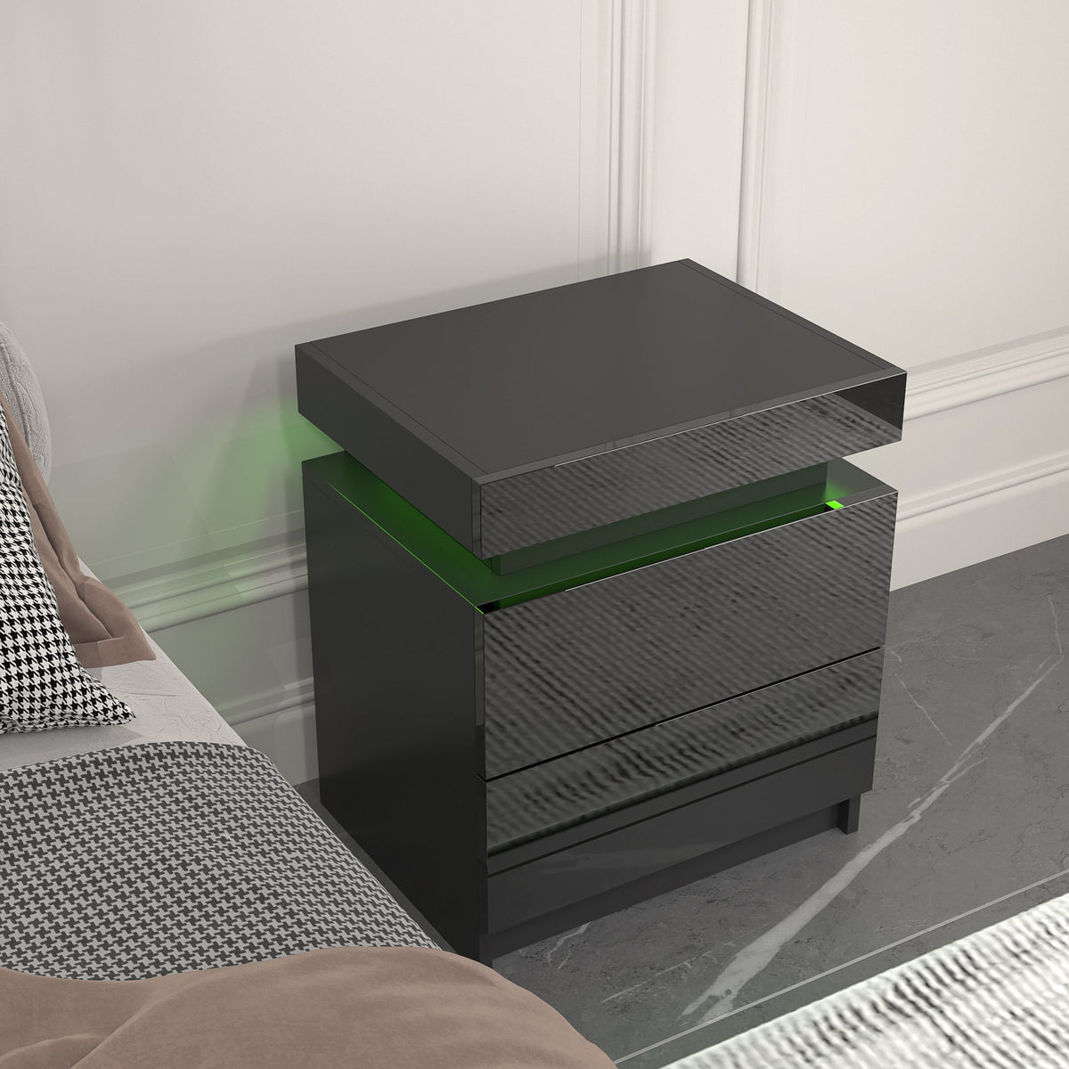 Modern Black LED Nightstand with 2 Drawers and Light