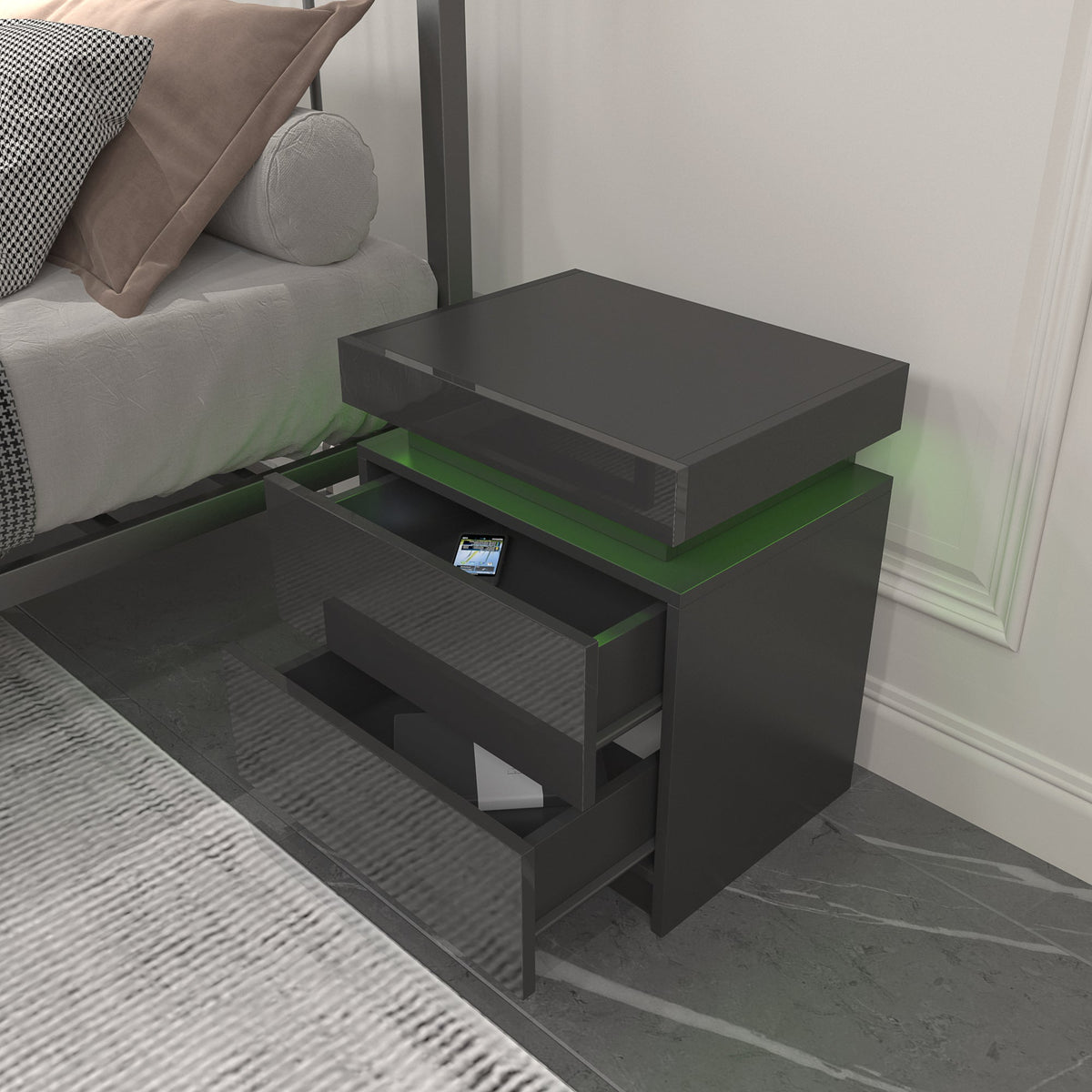 Modern Black LED Nightstand with 2 Drawers and Light