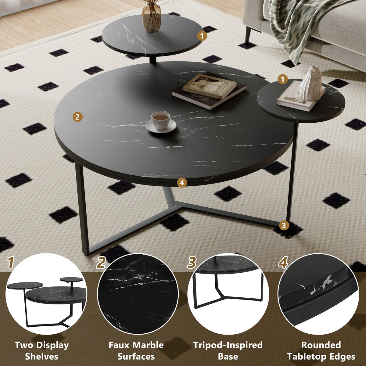 Black Faux Marble Coffee Table with Display Shelves