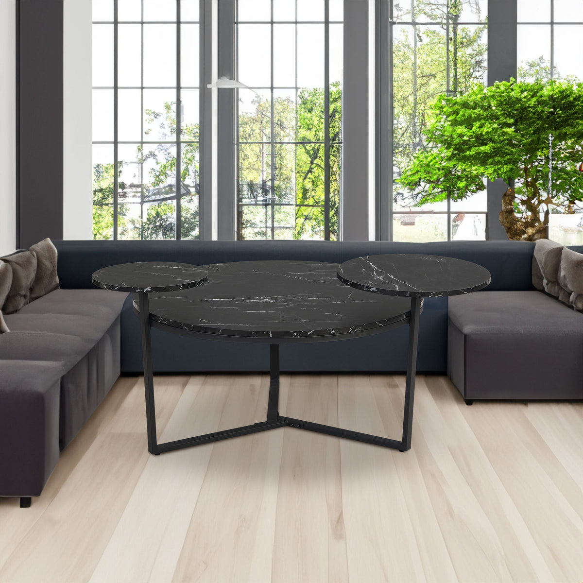Black Faux Marble Coffee Table with Display Shelves