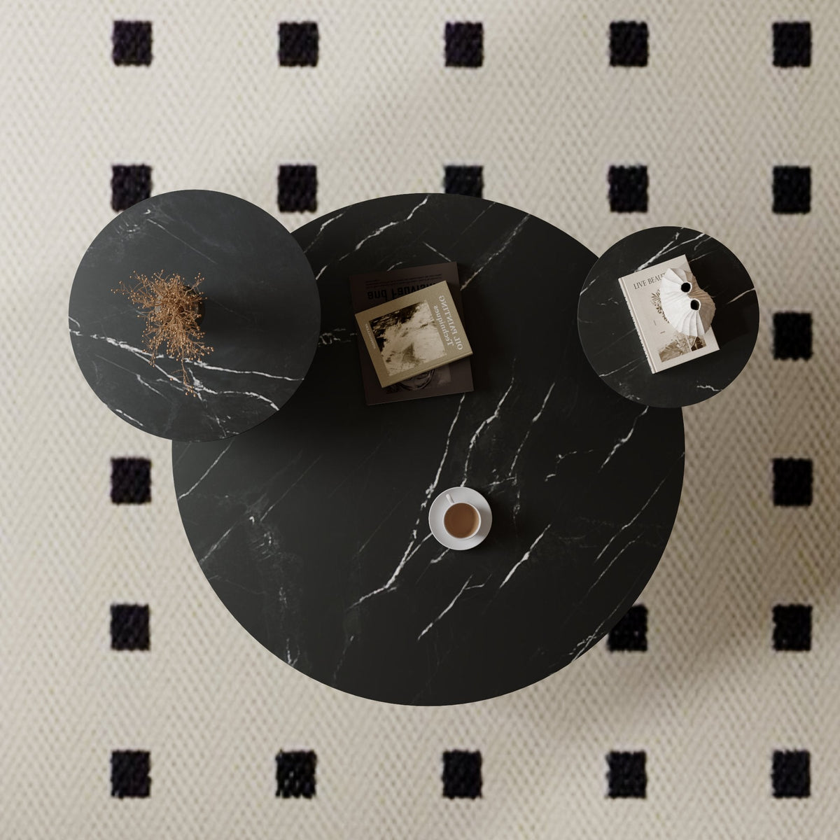 Black Faux Marble Coffee Table with Display Shelves