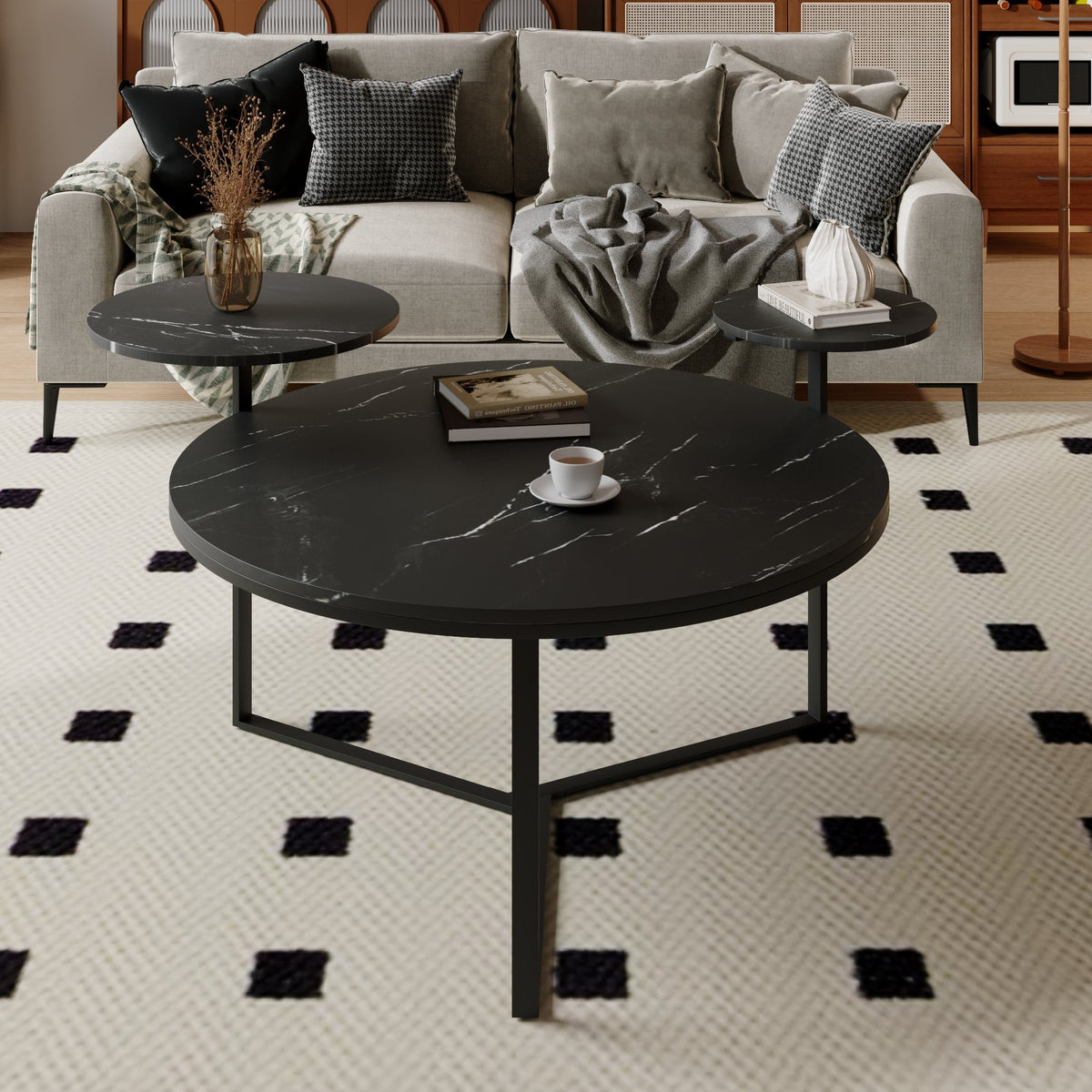 Black Faux Marble Coffee Table with Display Shelves