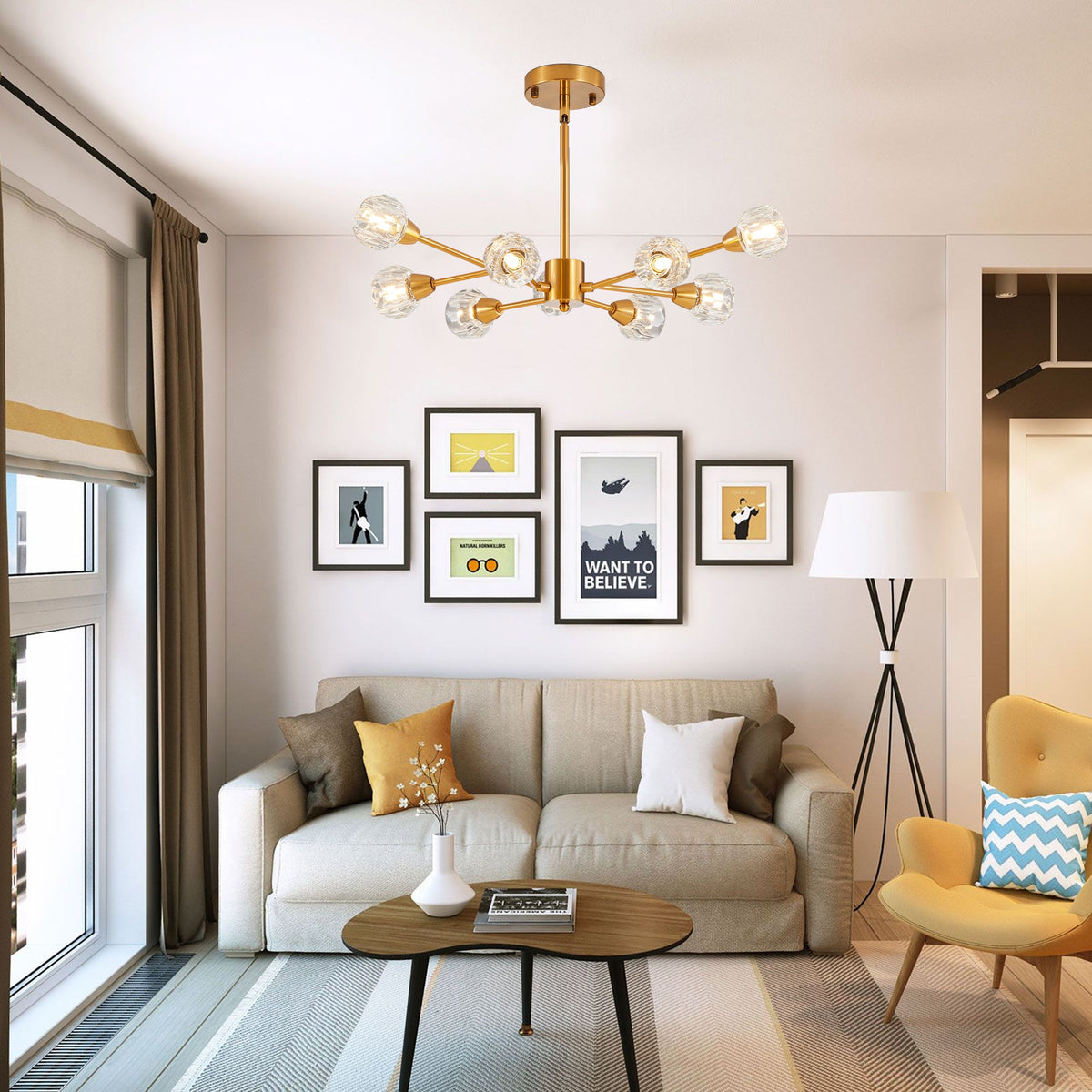 9-Light Golden Crystal Chandelier for Living Rooms