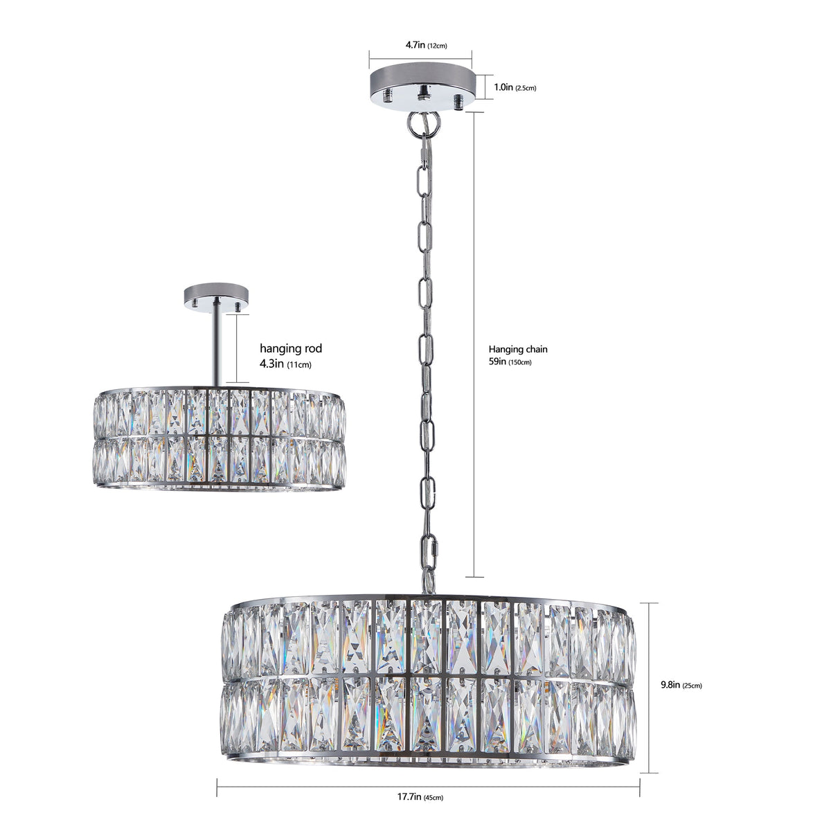Sparkling Crystal Drum Pendant Light, 6-Light Chrome