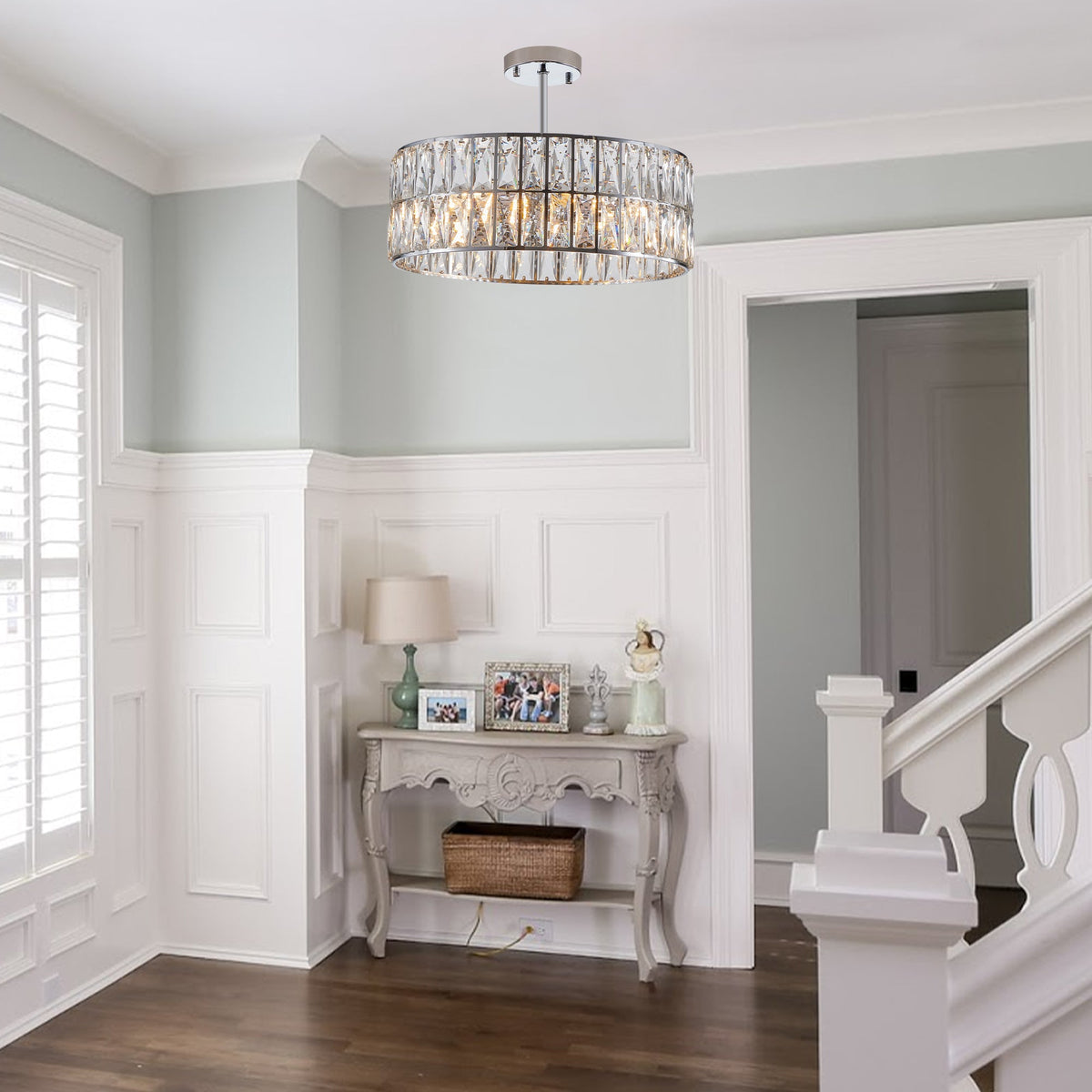 Sparkling Crystal Drum Pendant Light, 6-Light Chrome