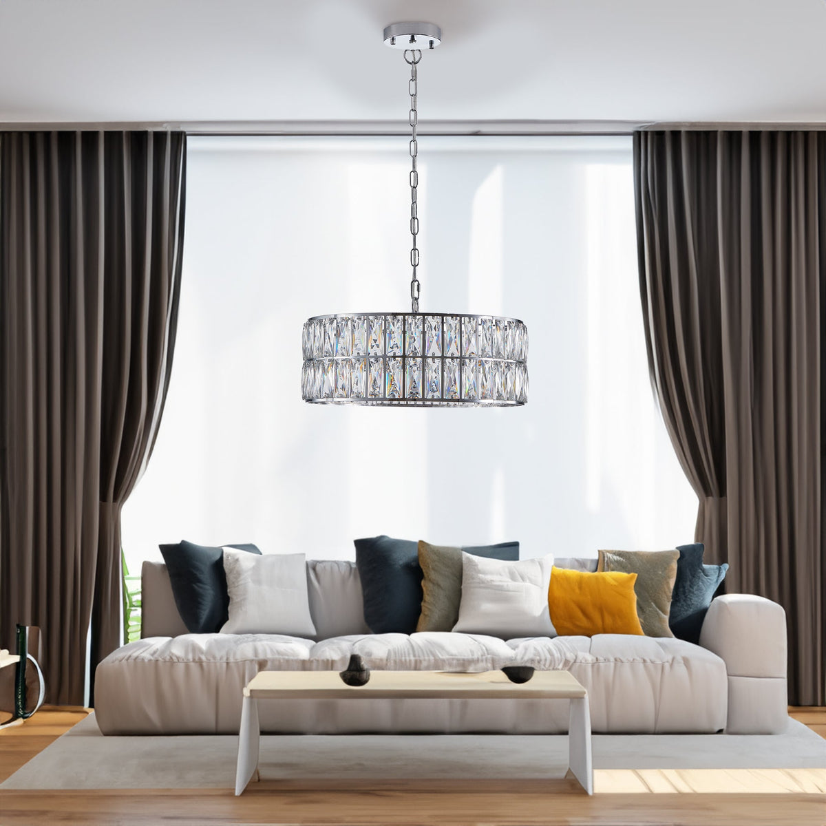 Sparkling Crystal Drum Pendant Light, 6-Light Chrome