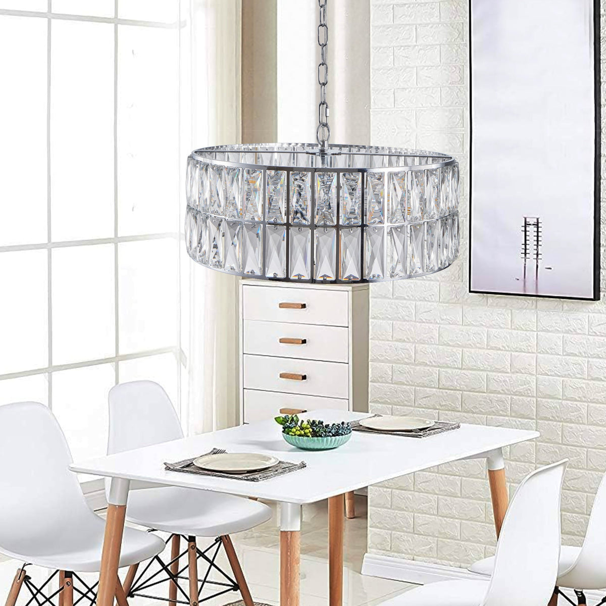 Sparkling Crystal Drum Pendant Light, 6-Light Chrome
