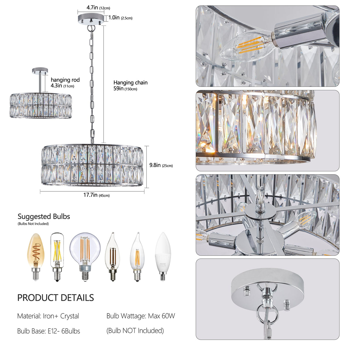 Sparkling Crystal Drum Pendant Light, 6-Light Chrome