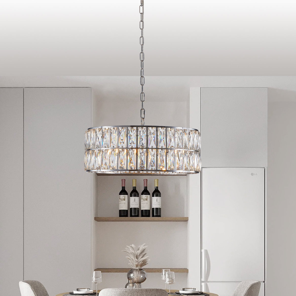 Sparkling Crystal Drum Pendant Light, 6-Light Chrome