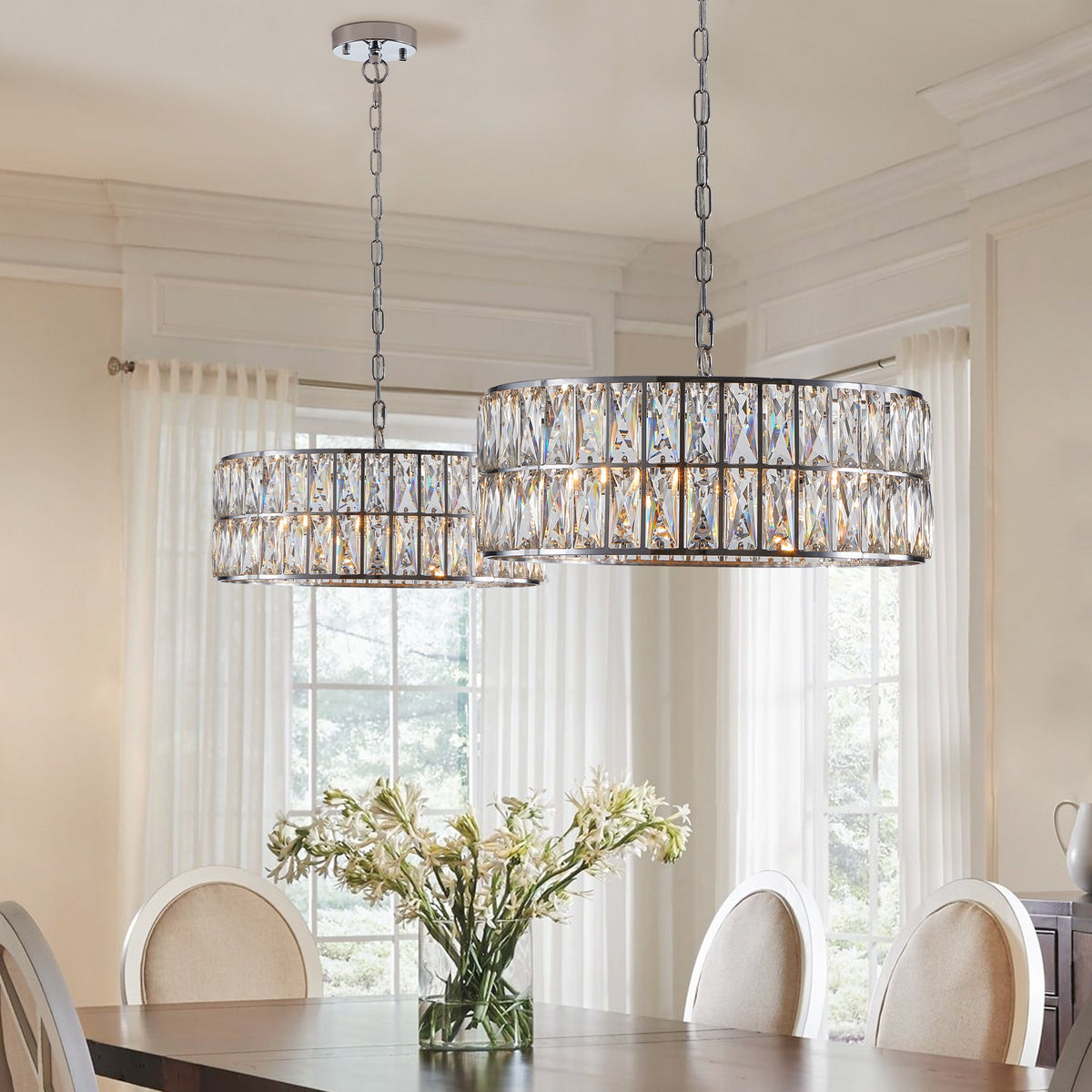 Sparkling Crystal Drum Pendant Light, 6-Light Chrome