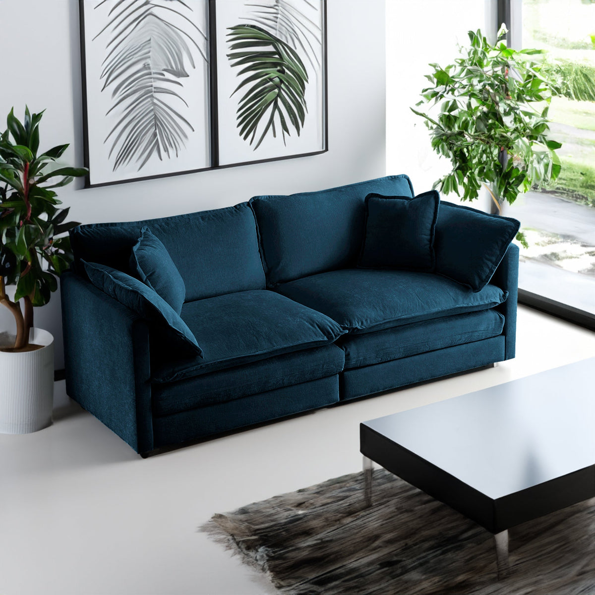 Blue Chenille Loveseat Sofa with Deep Seat & Pillows
