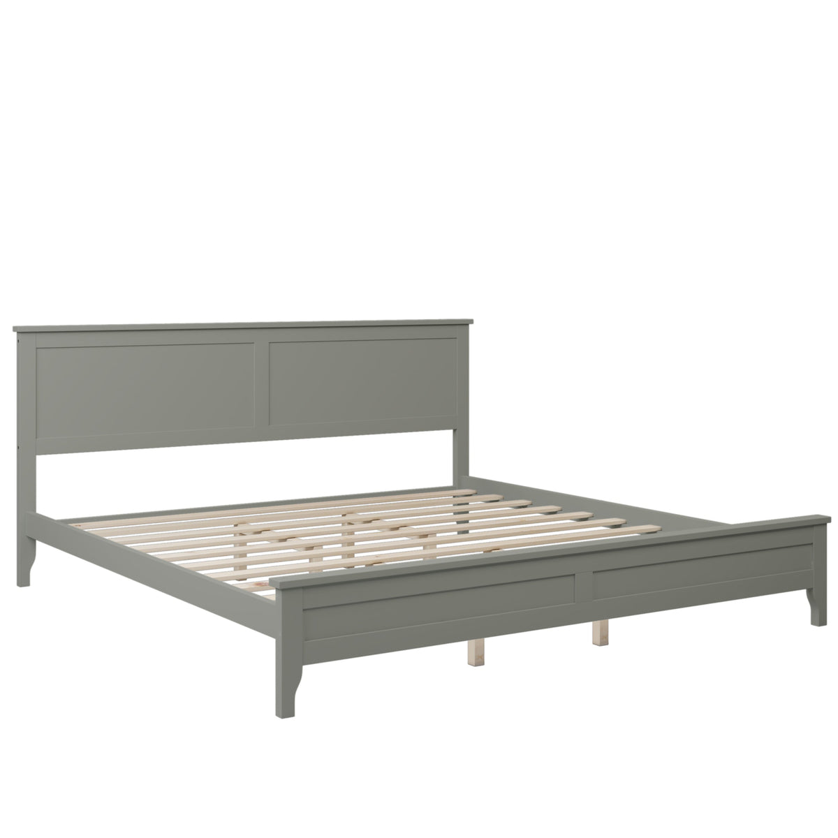 Gray Solid Wood King Platform Bed with Paneled Headboard