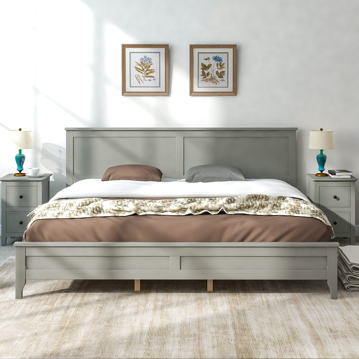 Gray Solid Wood King Platform Bed with Paneled Headboard
